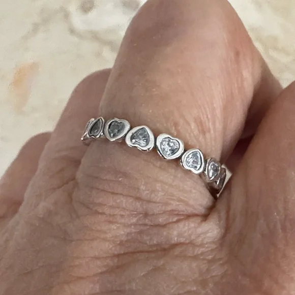 Pandora ALE 925 Sterling Silver Forever More Clear CZ Hearts Stacking Band Ring - Picture 4 of 7